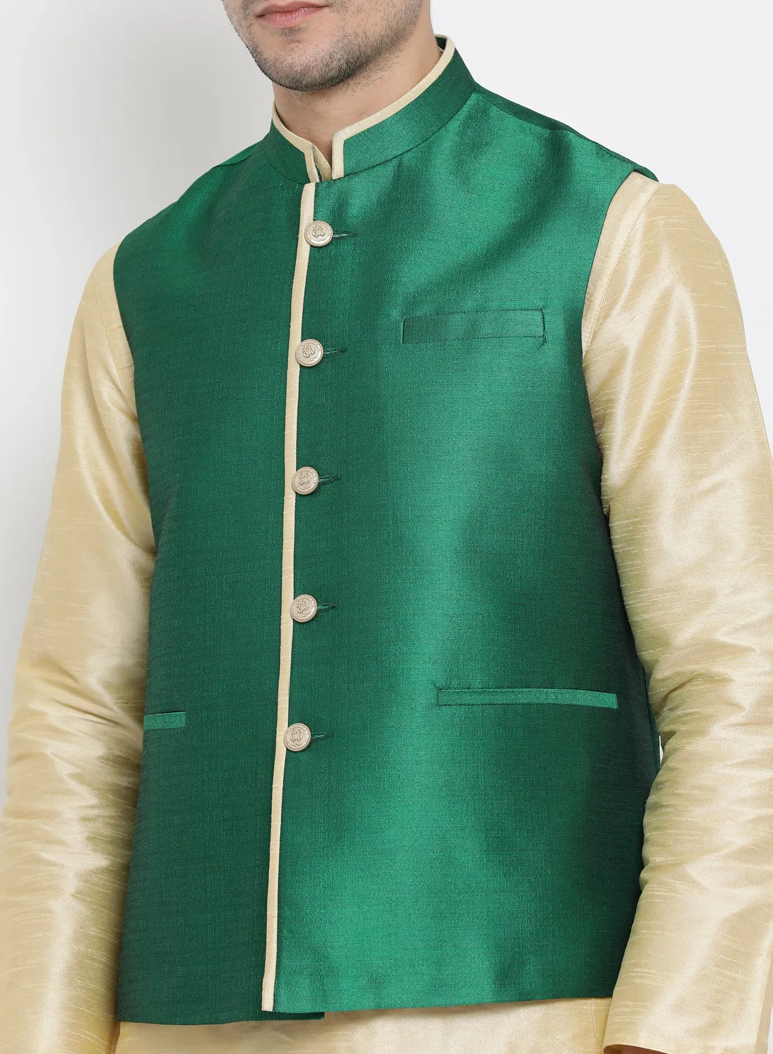 VASTRAMAY Men's Green Cotton Silk Blend Ethnic Jacket