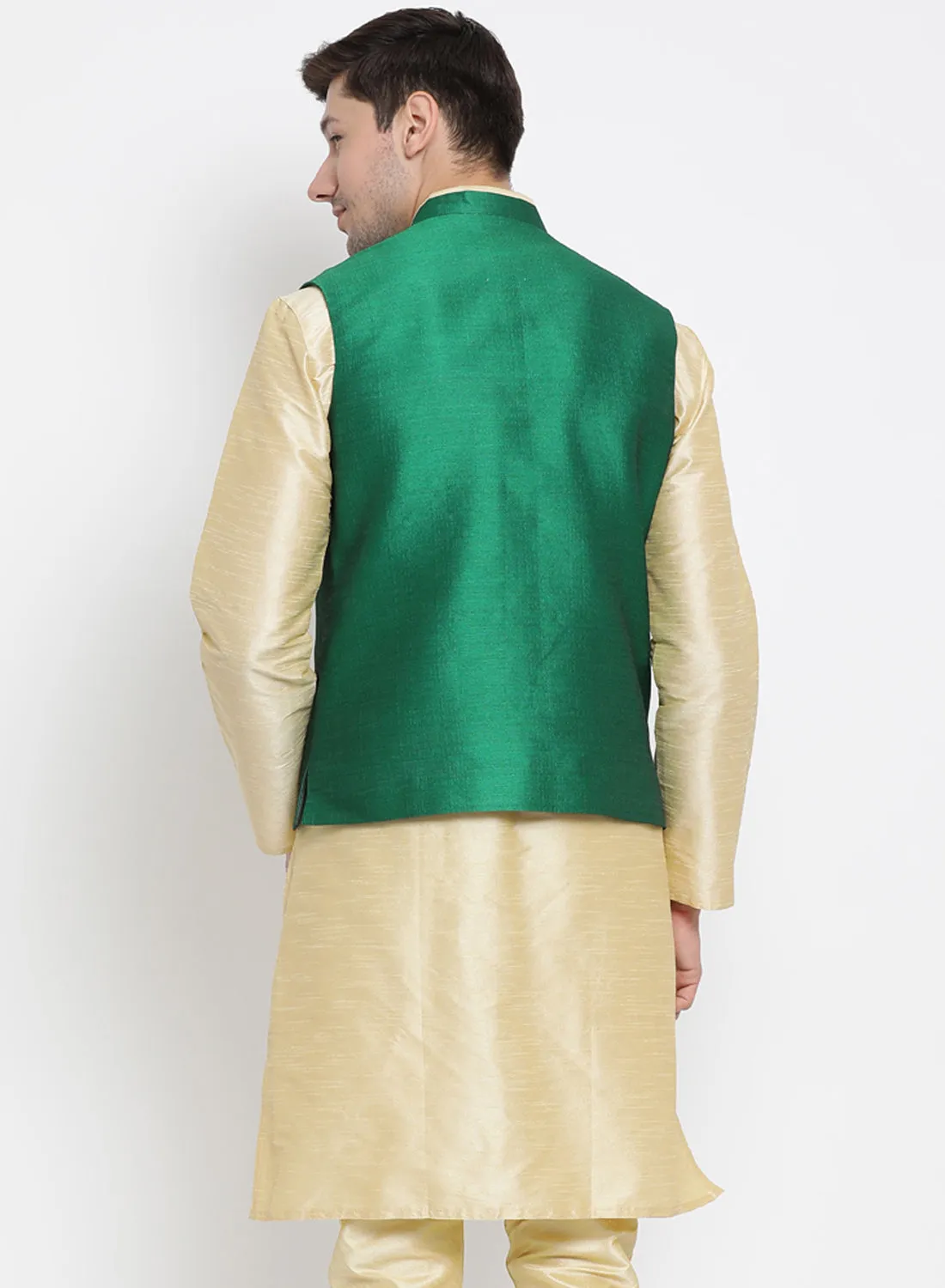 VASTRAMAY Men's Green Cotton Silk Blend Ethnic Jacket