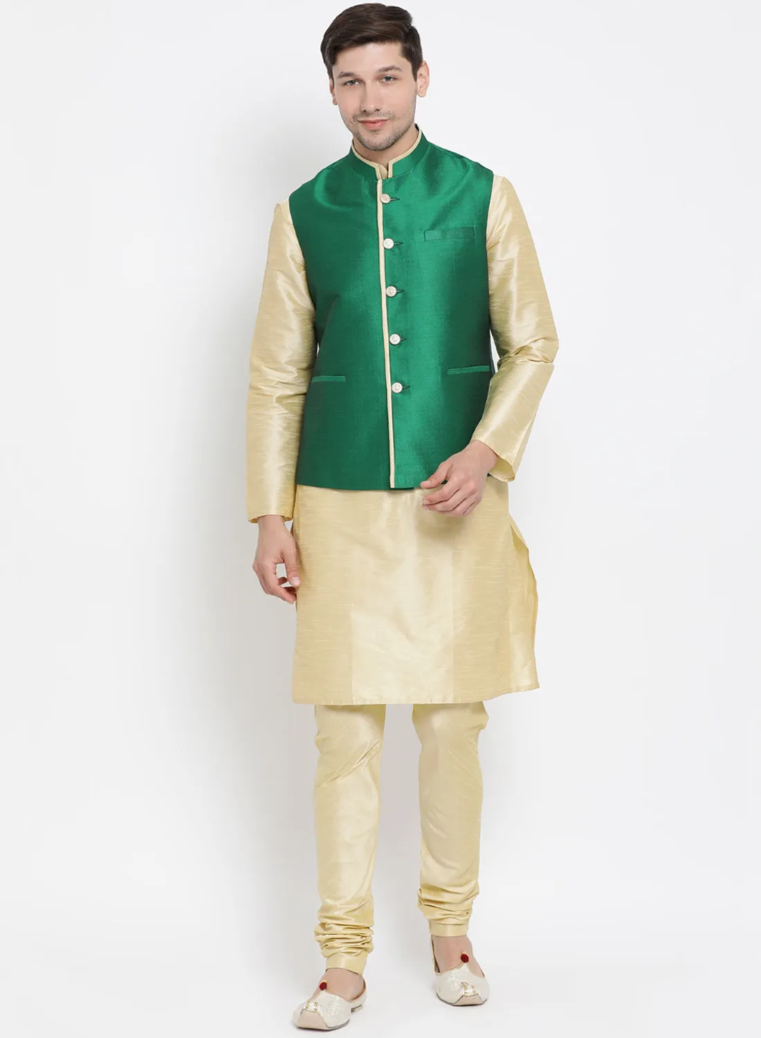 VASTRAMAY Men's Green Cotton Silk Blend Ethnic Jacket