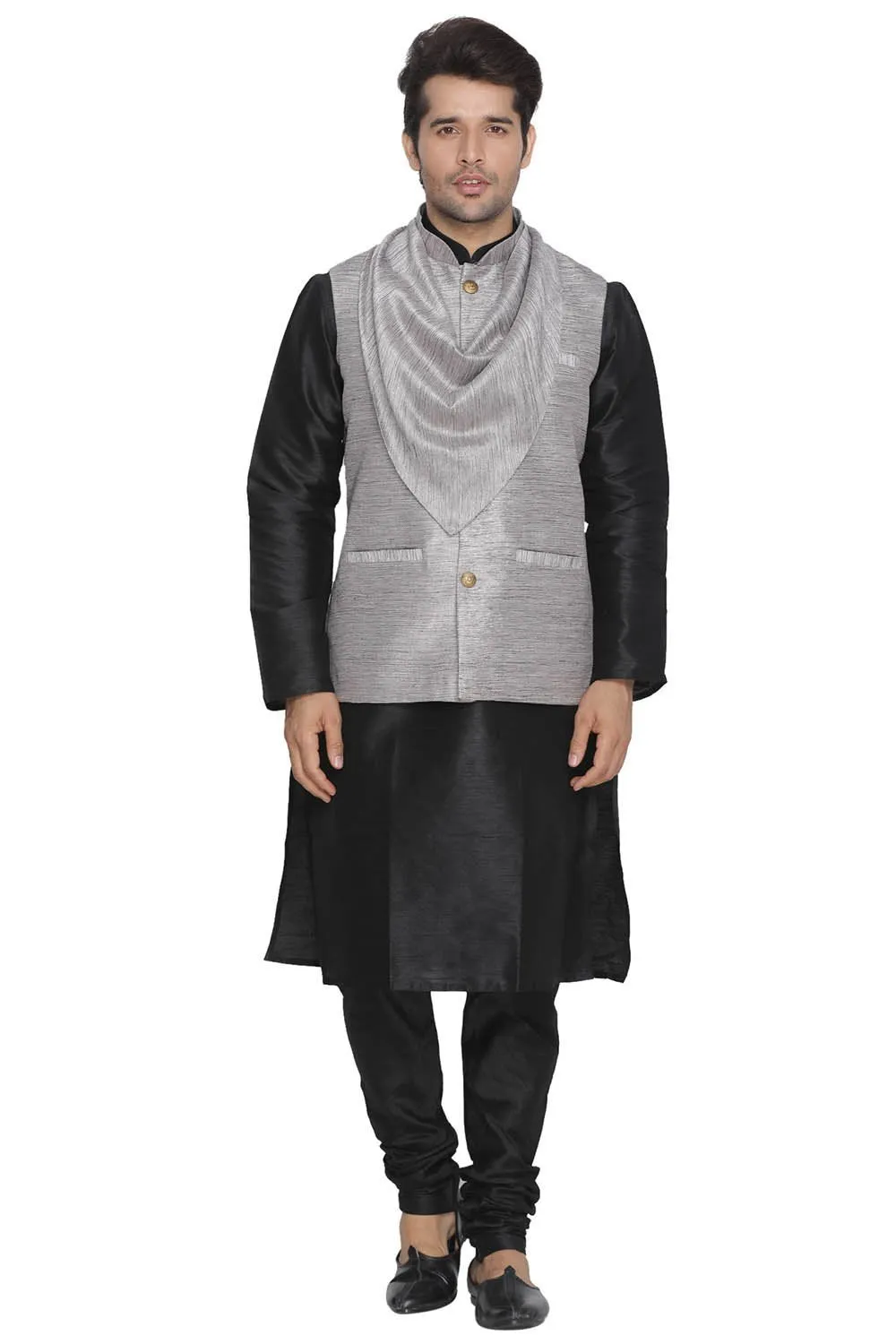 VASTRAMAY Men's Grey Cotton Silk Blend Kurta, Ethnic Jacket and Pyjama Set