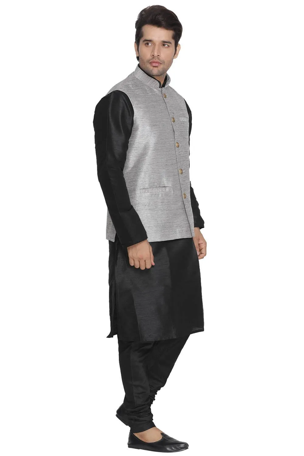 VASTRAMAY Men's Grey Cotton Silk Blend Kurta, Ethnic Jacket and Pyjama Set