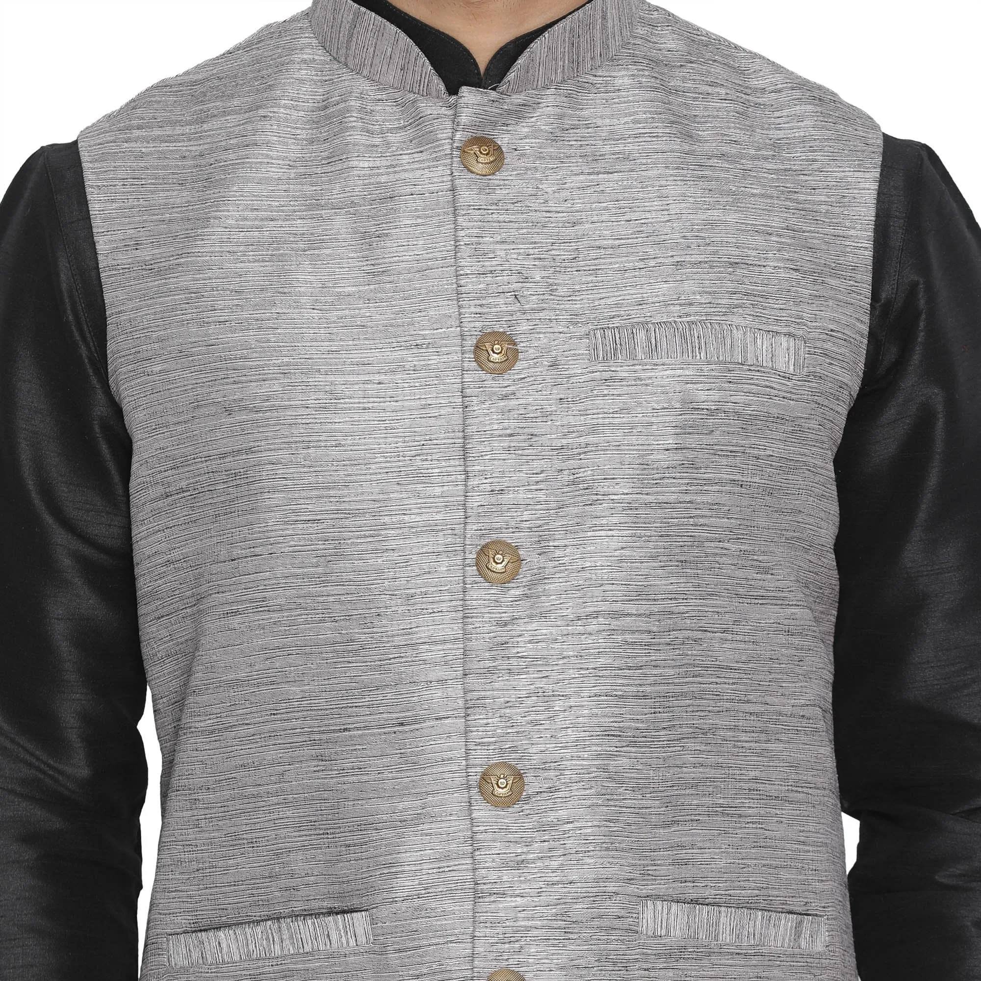 VASTRAMAY Men's Grey Cotton Silk Blend Kurta, Ethnic Jacket and Pyjama Set