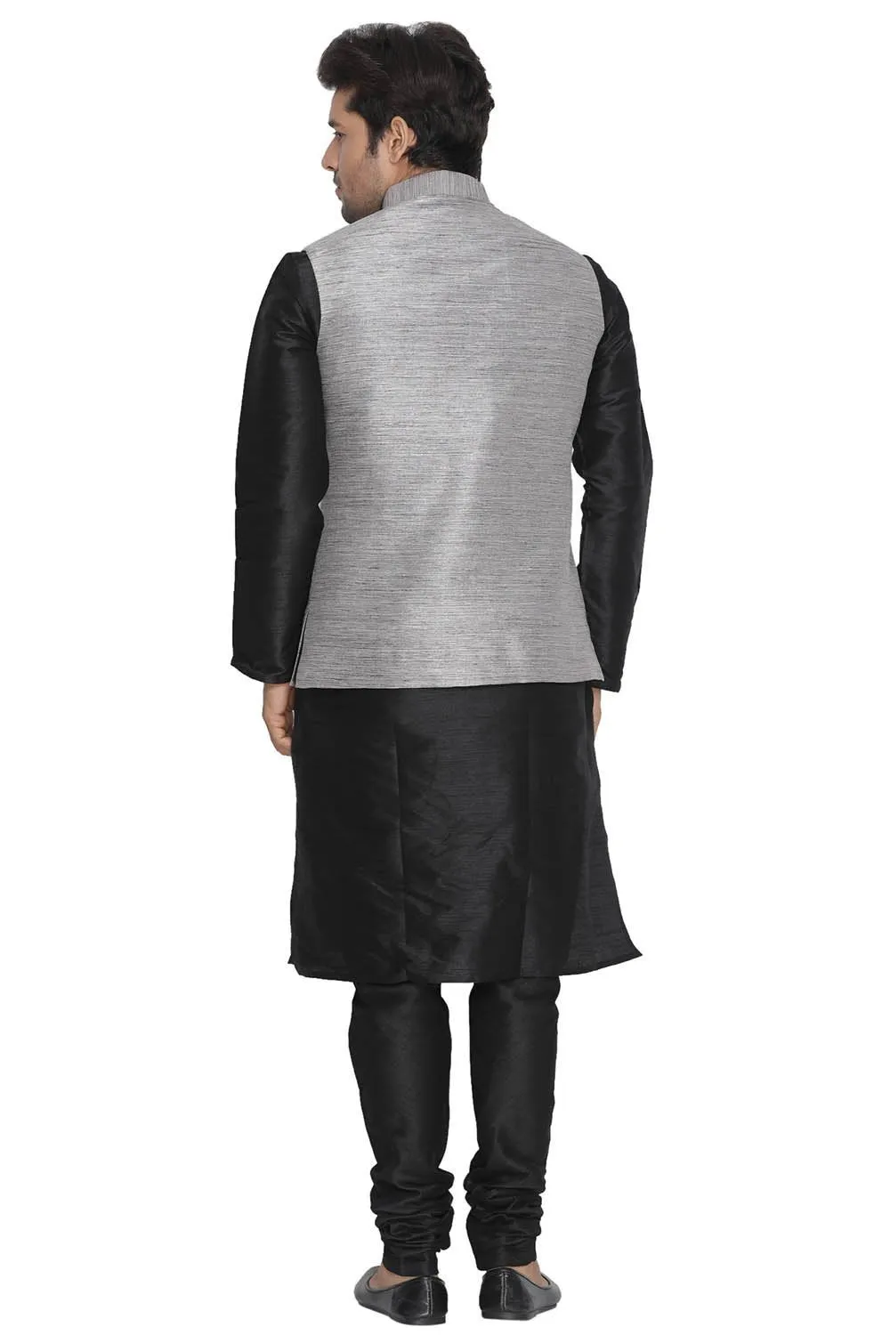 VASTRAMAY Men's Grey Cotton Silk Blend Kurta, Ethnic Jacket and Pyjama Set