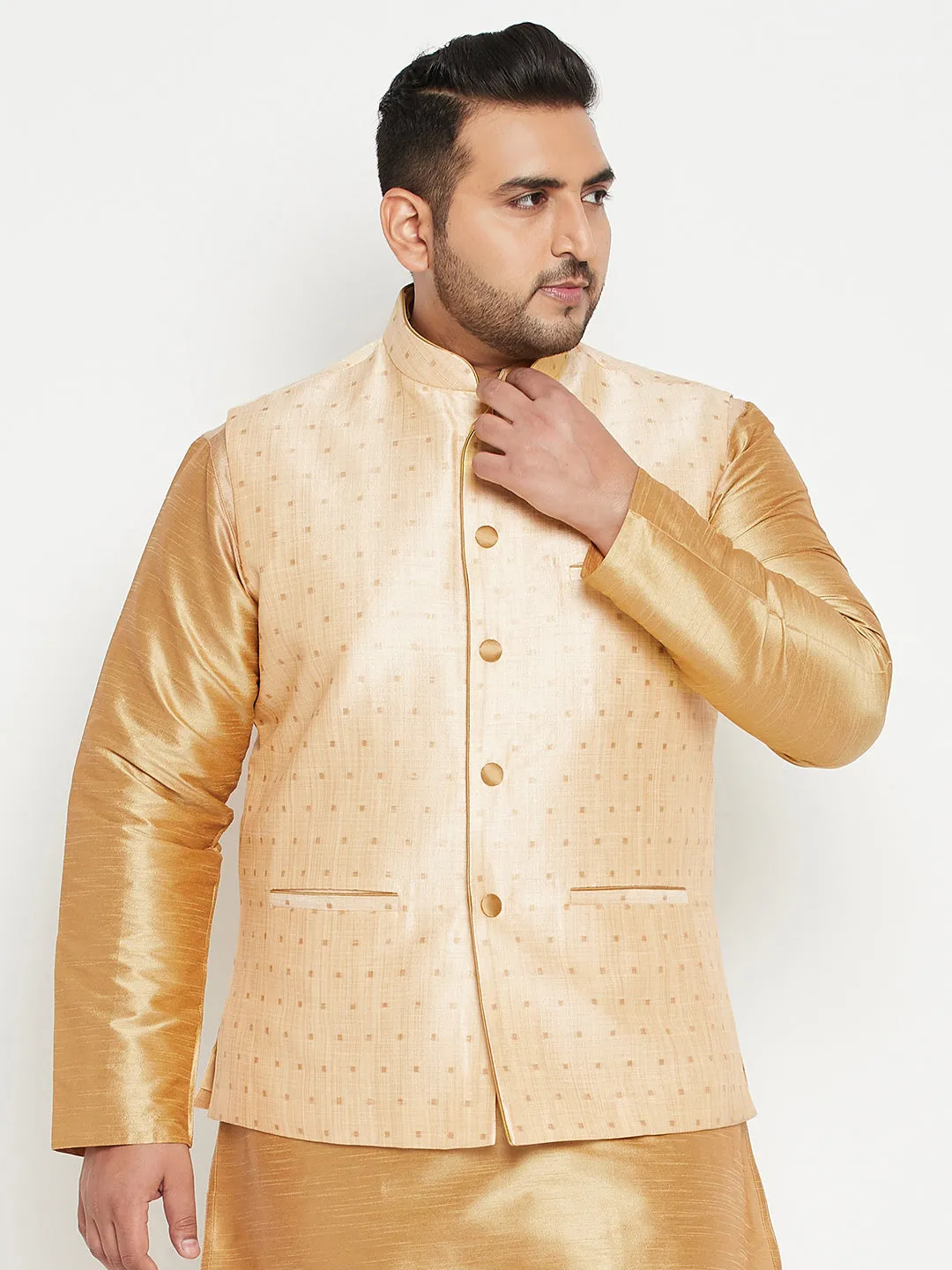 VASTRAMAY Men's Plus Size Gold Zari Weaved Nehru Jacket