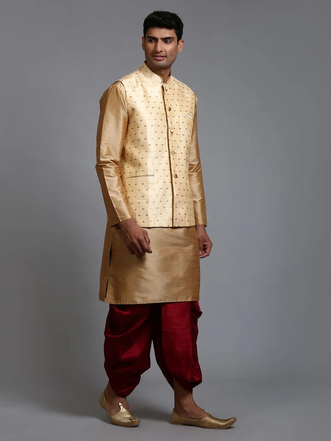 VM By VASTRAMAY Men's Gold Zari Weaved Jacket With Kurta Dhoti Set