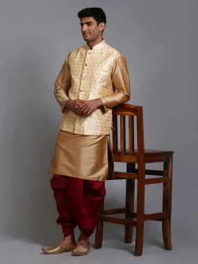 VM By VASTRAMAY Men's Gold Zari Weaved Jacket With Kurta Dhoti Set