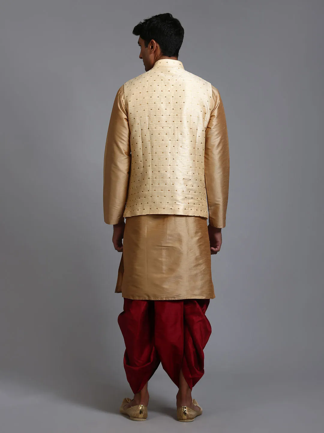 VM By VASTRAMAY Men's Gold Zari Weaved Jacket With Kurta Dhoti Set