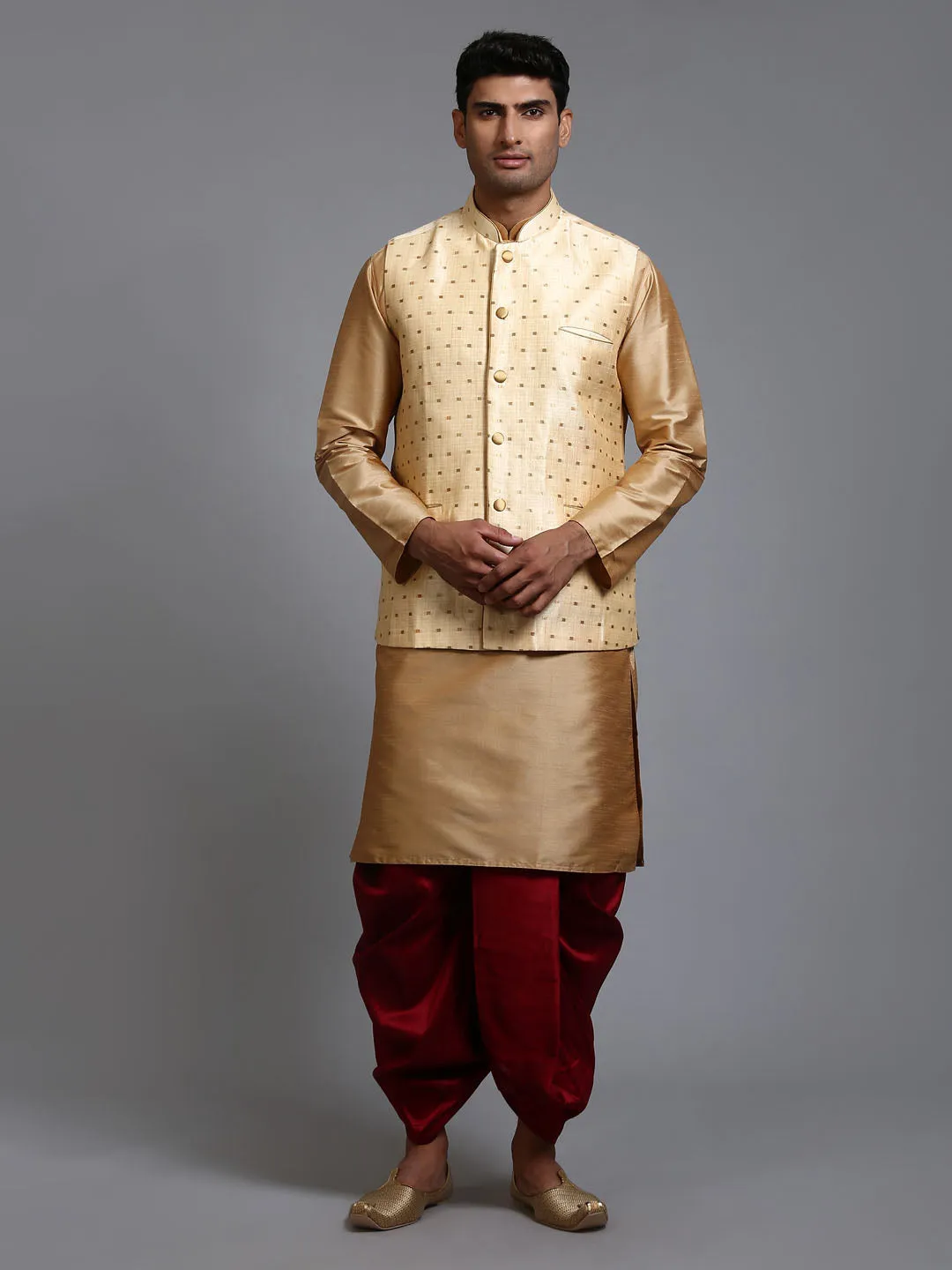 VM By VASTRAMAY Men's Gold Zari Weaved Jacket With Kurta Dhoti Set