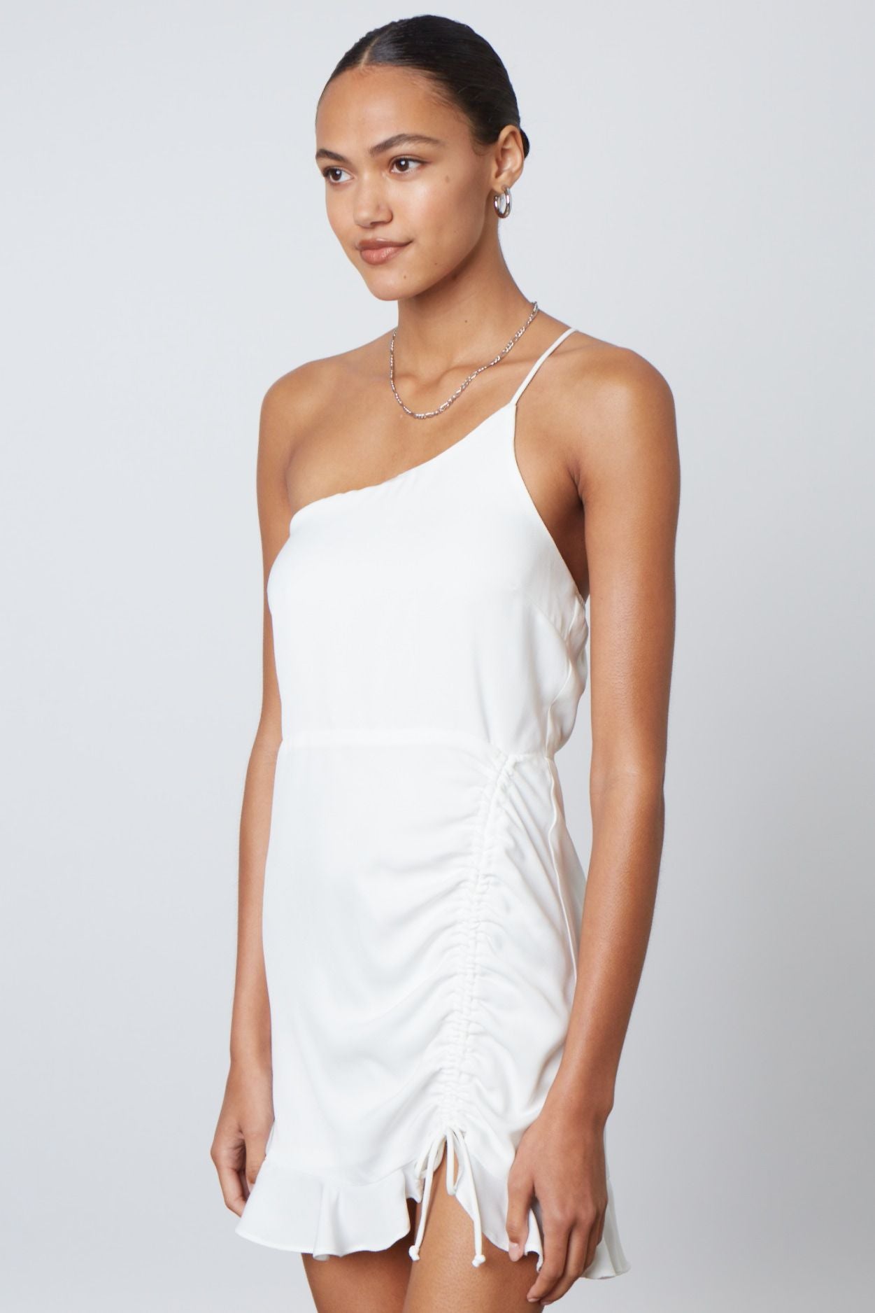 White one shoulder ruched ruffle dress