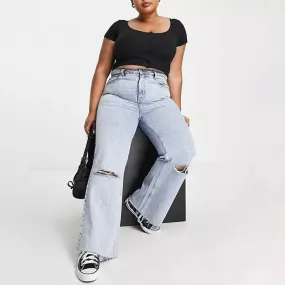 Women's Casual Ripped High Waist Loose Fit Streetwear Wide Leg Jeans